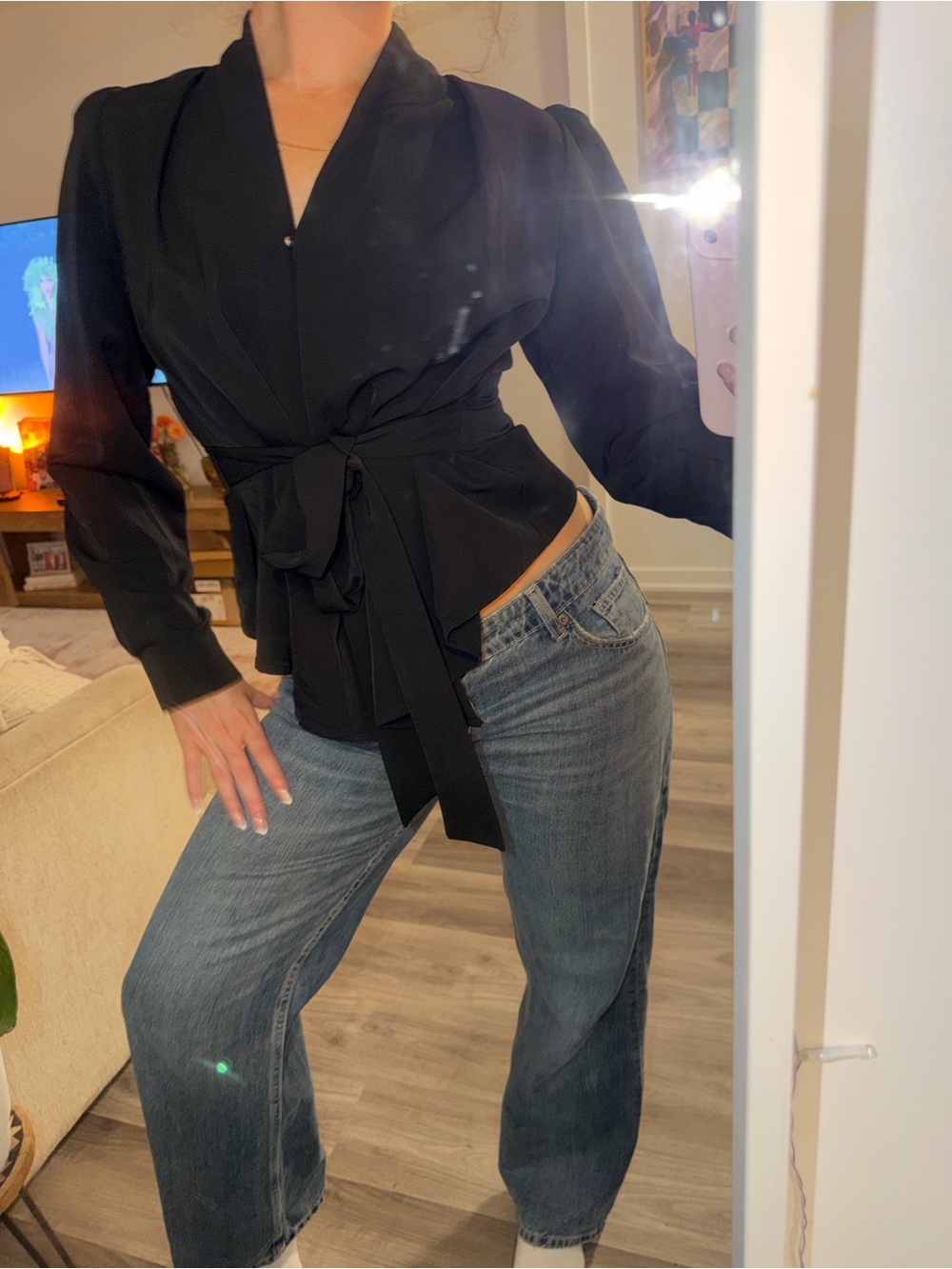 Women's Black Wrap Blouse with Tie Waist